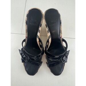 Burberry Haymarket Check Espadrille Wedge Sandals Black Patent‎ Leather 38 7.5 8